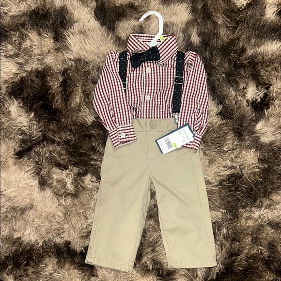 Red Checkered Shirt with Bow Tie and Tan Pants Set - Picture 1 of 4